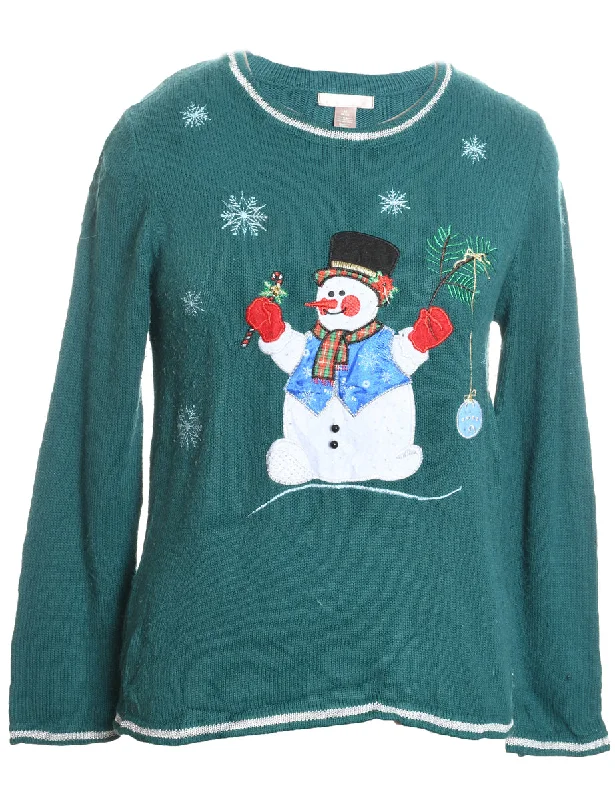 Snowman Design Green Knit Christmas Jumper - M Ribbed Striped Patterned