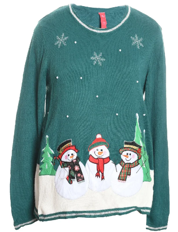 Snowman Design Green Knit Embroidered Christmas Jumper - L Layered Multi-layer Single Layer Snowman Design Green Knit Embroidered Christmas Jumper - L Layered Multi-layer Single Layer