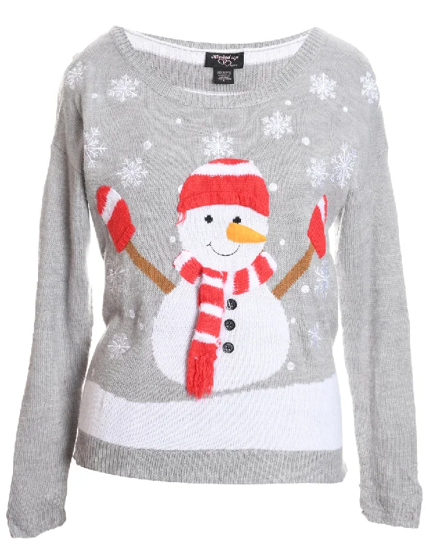 Snowman Design Light Grey, Red & White Christmas Jumper - L Houndstooth Herringbone Solid