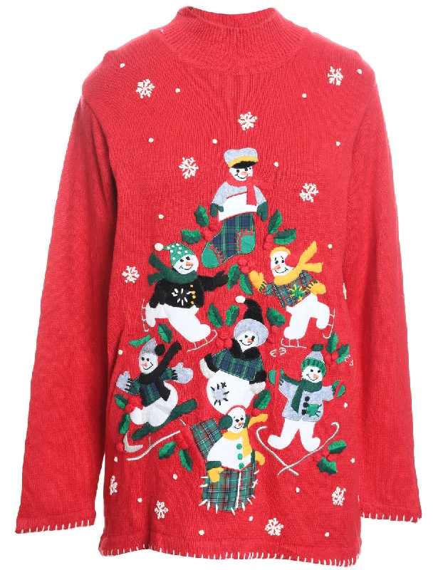 Snowman Design Red Embroidered Christmas Jumper - M Solid Color Striped Floral Print Snowman Design Red Embroidered Christmas Jumper - M Solid Color Striped Floral Print