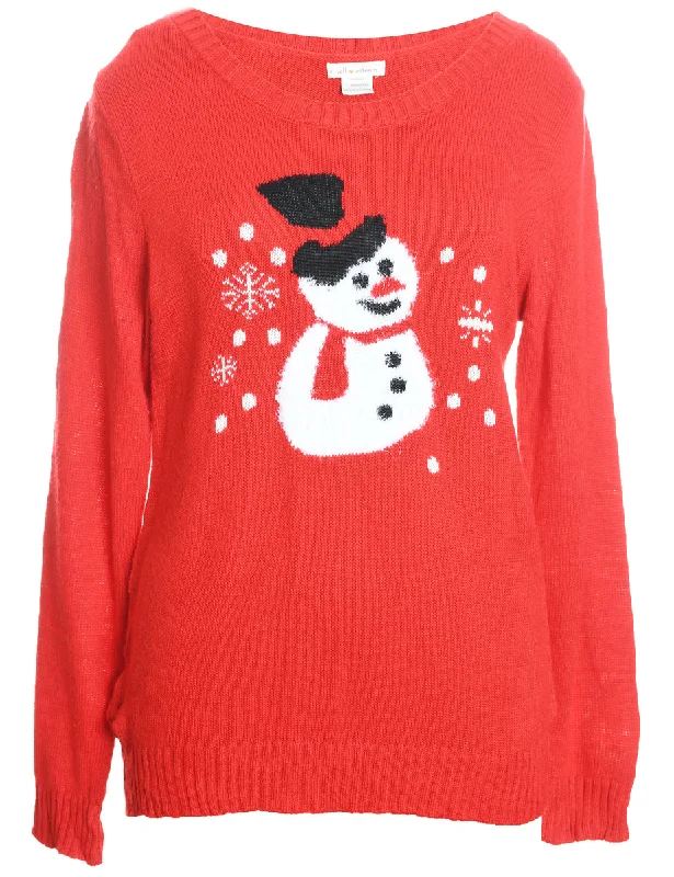 Snowman Design Red Knit Christmas Jumper - L Spandex Blend Rayon Blend Denim Blend