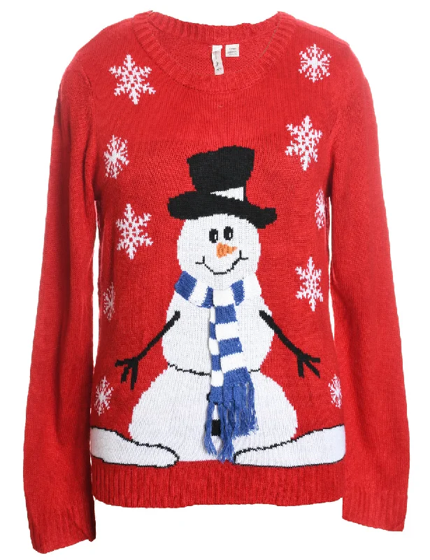Snowman Design Red Knit Christmas Jumper - L Long Sweater Short Sweater Cropped Sweater Snowman Design Red Knit Christmas Jumper - L Long Sweater Short Sweater Cropped Sweater