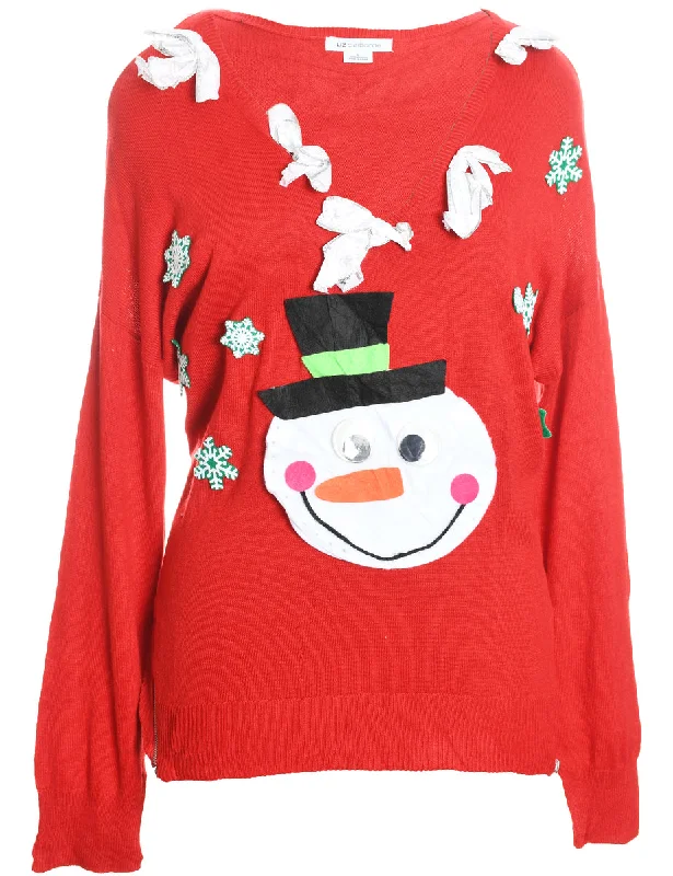 Snowman Design Red Knit Christmas Jumper - L Fleece Sweater Nylon Polyester
