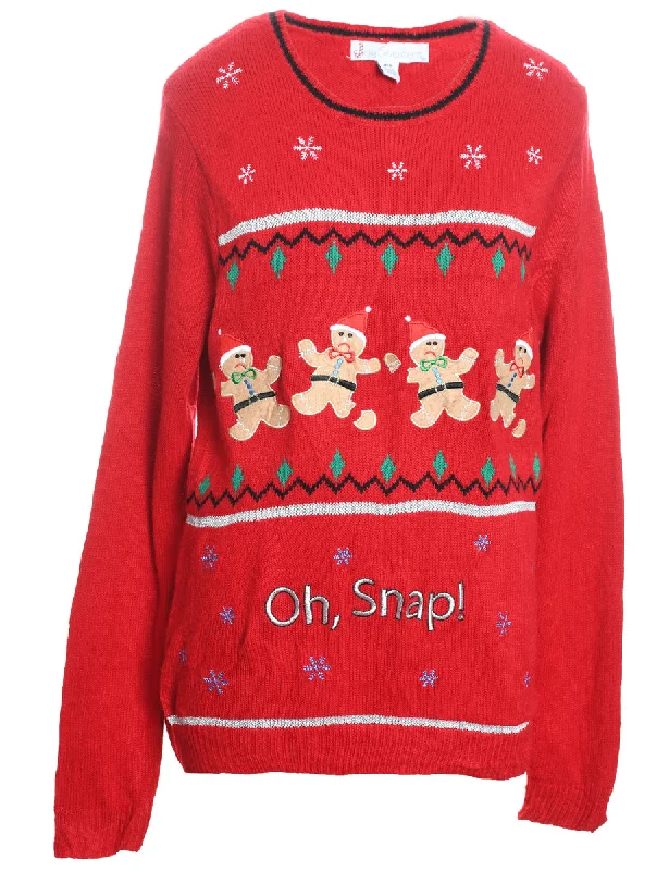 Teddy Bear Design Knit Red Christmas Jumper - M Solid Color Striped Floral Print