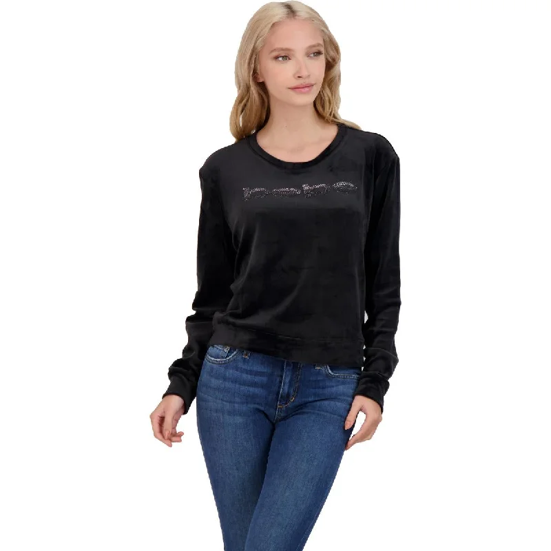 Bebe Women's Velour Logo Print Long Sleeve Crewneck Sweatshirt Hoodie with Hem Contrast Bold Stylish Bebe Women's Velour Logo Print Long Sleeve Crewneck Sweatshirt Hoodie with Hem Contrast Bold Stylish