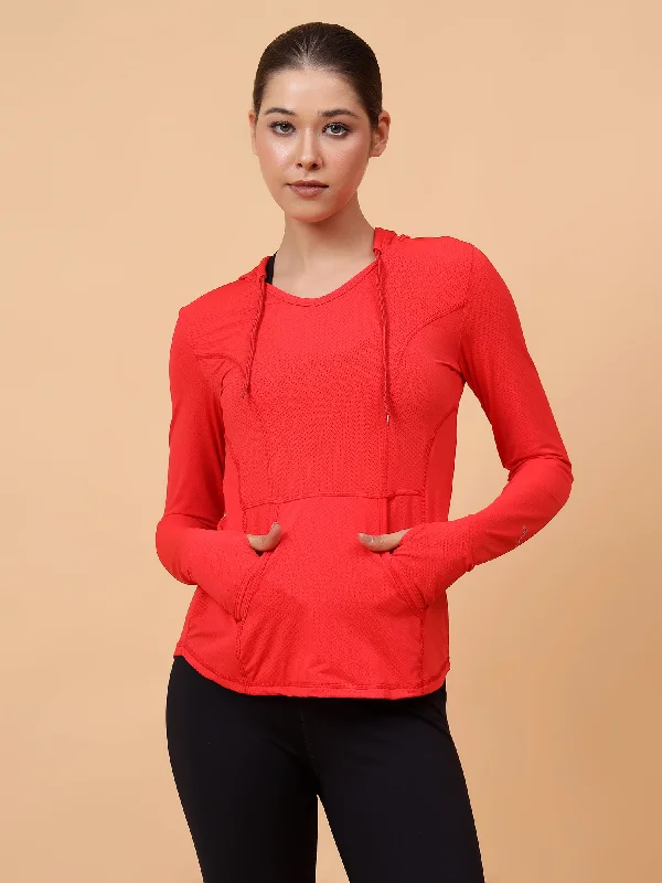 Fitkin Women's Red Self Design Longsleeve Hooded Tshirt Hoodie with Back Slit Movement Comfort Fitkin Women's Red Self Design Longsleeve Hooded Tshirt Hoodie with Back Slit Movement Comfort