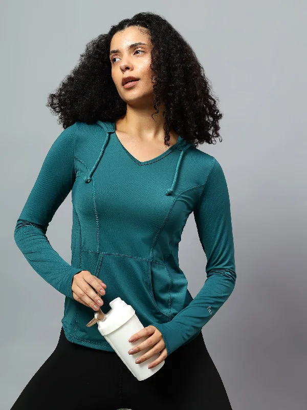 Fitkin Women's Teal Green Self Design Longsleeve Hooded Tshirt Hoodie with Raw Hem Edgy Unfinished Fitkin Women's Teal Green Self Design Longsleeve Hooded Tshirt Hoodie with Raw Hem Edgy Unfinished