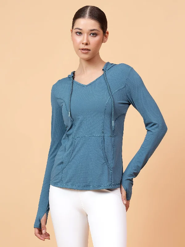 Fitkin Women's Turquoise Self Design Longsleeve Hooded Tshirt Hoodie with Hem Contrast Bold Stylish Fitkin Women's Turquoise Self Design Longsleeve Hooded Tshirt Hoodie with Hem Contrast Bold Stylish