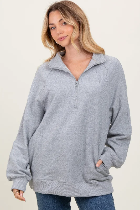 Heather Grey Half Zip Contrast Rib Sweatshirt Top Hoodie with Pattern Geometric Abstract Heather Grey Half Zip Contrast Rib Sweatshirt Top Hoodie with Pattern Geometric Abstract