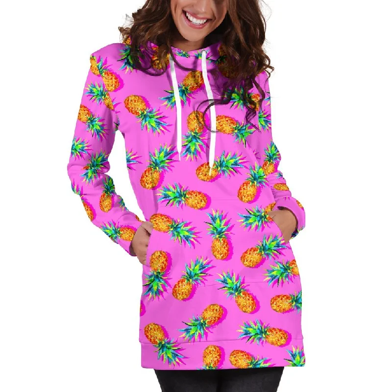 Hot Pink Pineapple Pattern Print Pullover Hoodie Dress Hoodie with High-Low Hem Asymmetrical Trendy Hot Pink Pineapple Pattern Print Pullover Hoodie Dress Hoodie with High-Low Hem Asymmetrical Trendy