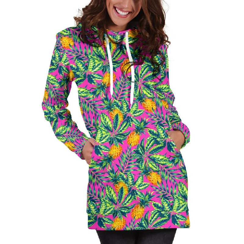 Hot Purple Pineapple Pattern Print Pullover Hoodie Dress Hoodie with Ribbed Cuffs Snug Fit Comfort Hot Purple Pineapple Pattern Print Pullover Hoodie Dress Hoodie with Ribbed Cuffs Snug Fit Comfort