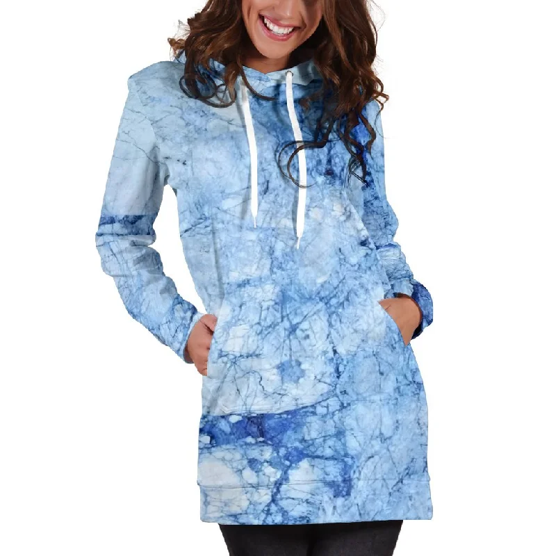 Ice Blue Marble Print Pullover Hoodie Dress Hoodie with Belted Waist Structured Tailored Ice Blue Marble Print Pullover Hoodie Dress Hoodie with Belted Waist Structured Tailored