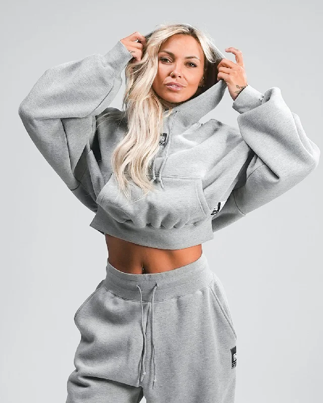 WOMENS OVERSIZED CROP HOODIE - HEATHER GREY Hoodie with Hem Elastic Stretchable Comfortable WOMENS OVERSIZED CROP HOODIE - HEATHER GREY Hoodie with Hem Elastic Stretchable Comfortable