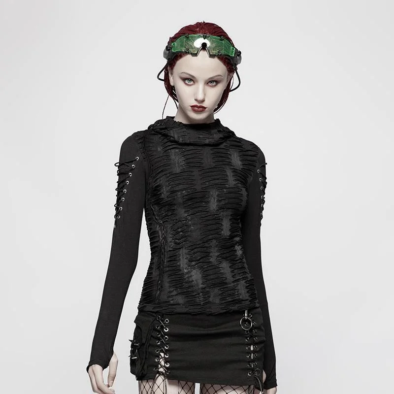Women's Punk Ripped Hooded T-shirt Hoodie with Hem Ribbing Snug Secure