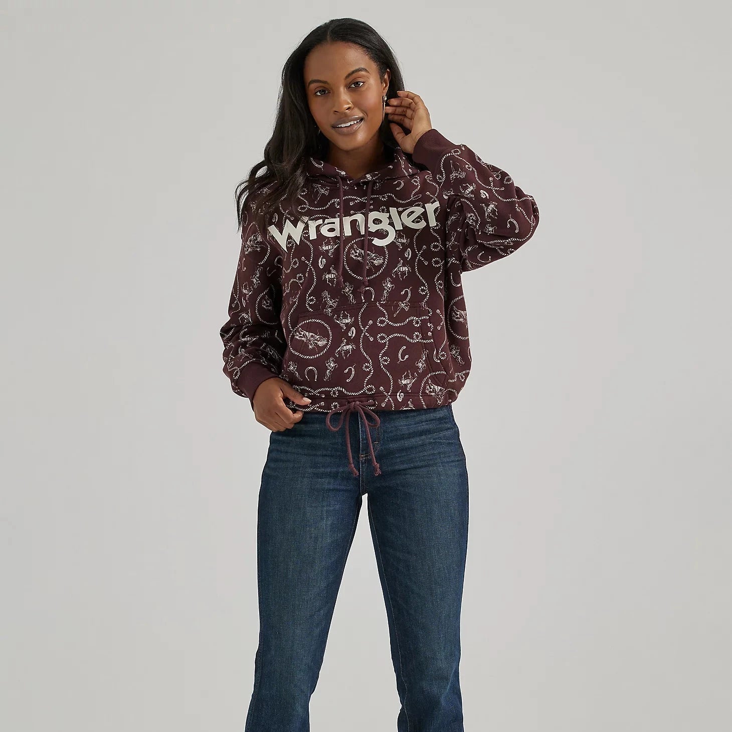 Wrangler Retro Women's All-Over Rodeo Cinched Hoodie in Fudge Hoodie with Set-In Sleeves Structured Classic Wrangler Retro Women's All-Over Rodeo Cinched Hoodie in Fudge Hoodie with Set-In Sleeves Structured Classic