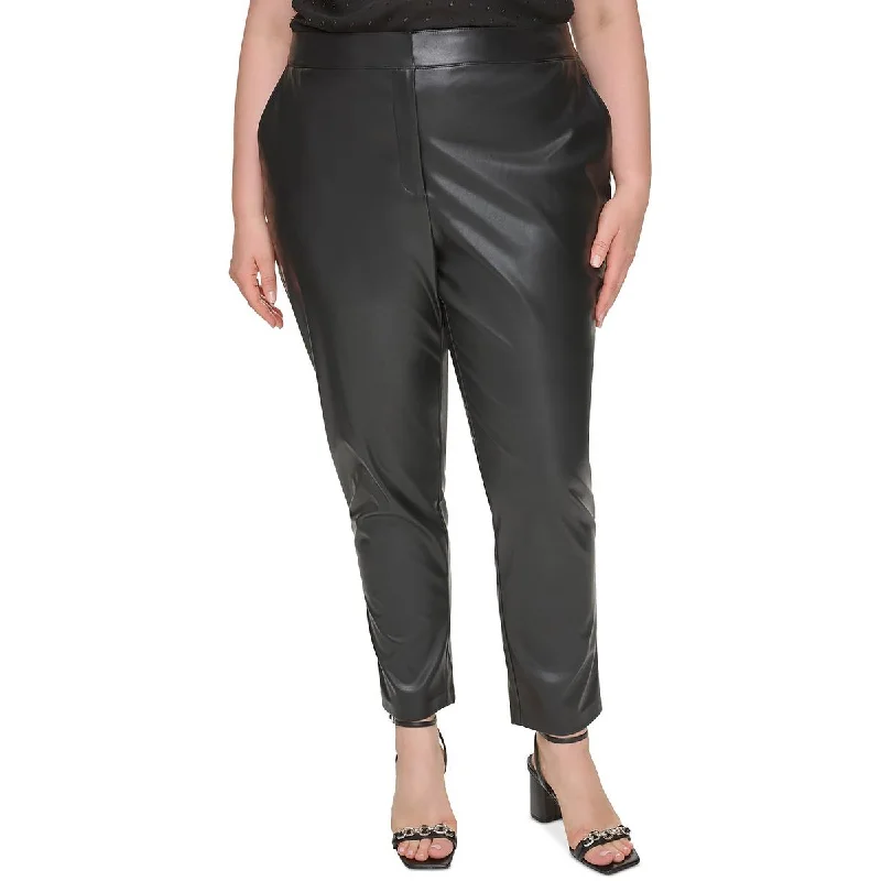 Plus Womens Faux Leather Office Ankle Pants Elegant High-Waist Pants