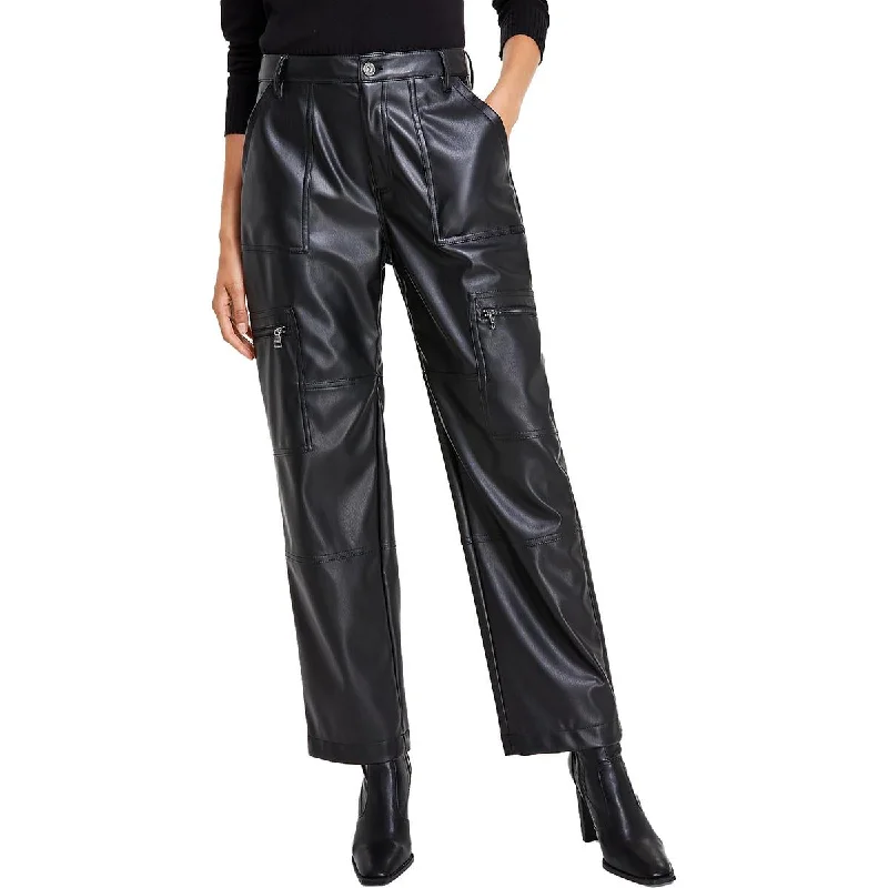 Womens Faux Leather Embossed Cargo Pants Stylish Slim Trousers