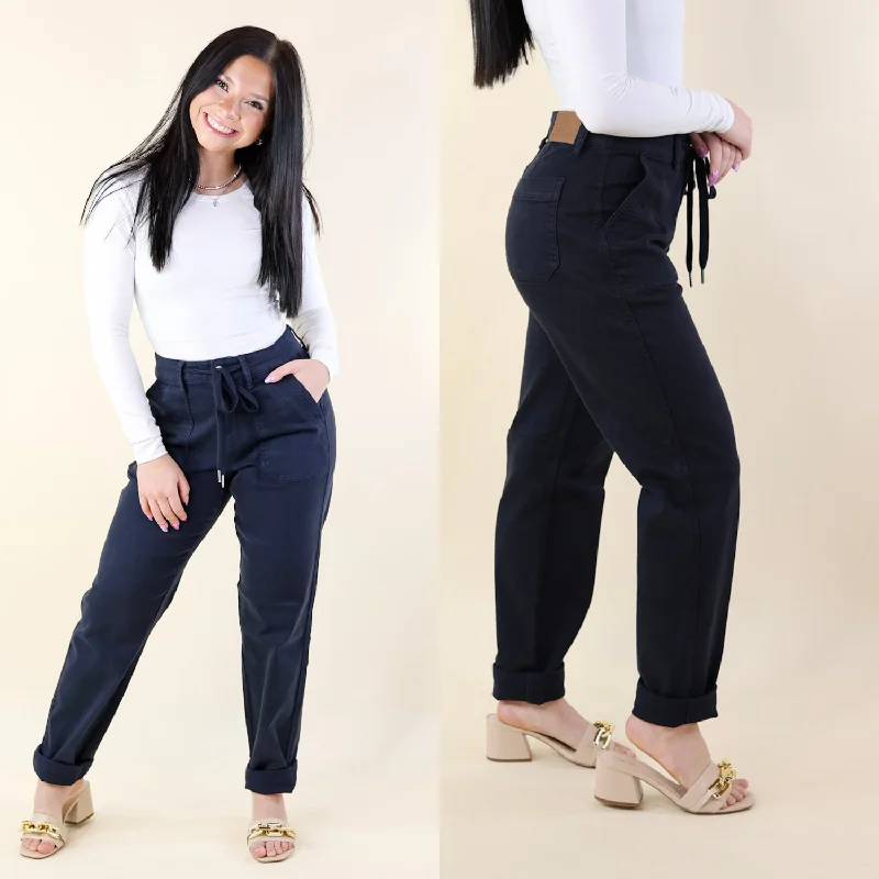 Judy Blue | Keep It A Secret Relaxed Pull on Jean Joggers in Navy Blue Fashionable Raw Hemmed Jeans Judy Blue | Keep It A Secret Relaxed Pull on Jean Joggers in Navy Blue Fashionable Raw Hemmed Jeans